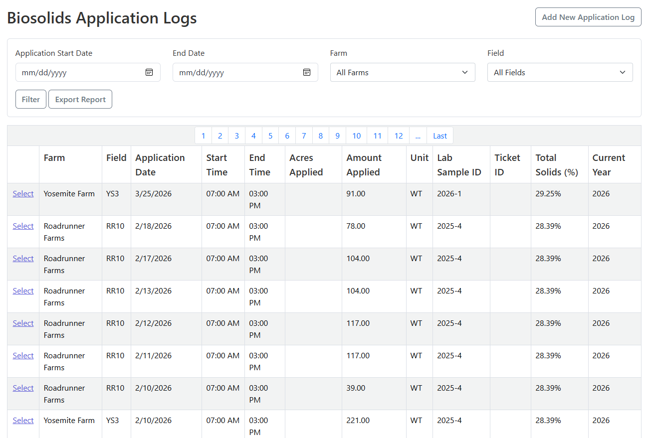 Biosolids Application Log